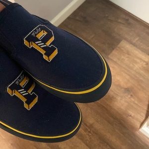 navy blue and yellow polo slip ons